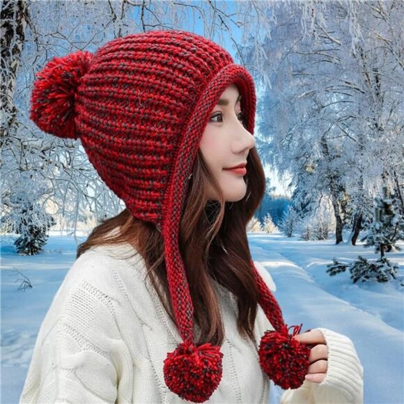 Women Winter Peruvian Cover Ears Beanie Hat Red - Picture 4 of 7